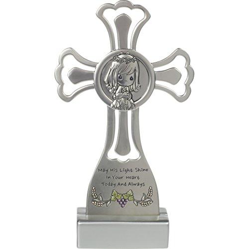 Precious Moments 172406 May His Light Shine in Your Heart Today & Always Girl, First Communion,  Silver Zinc Alloy Cross with Stand, One Size, Multi